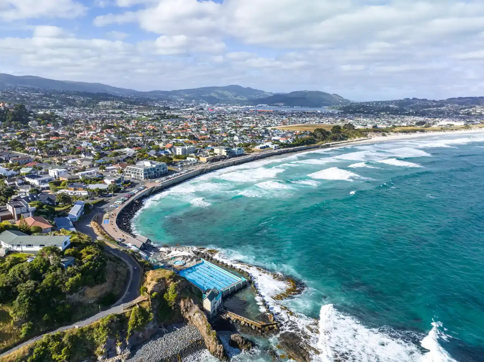aerial drone view of St Clair, a beachside suburb of Dunedin where Perspective Consulting offer Resource Consent Applications services